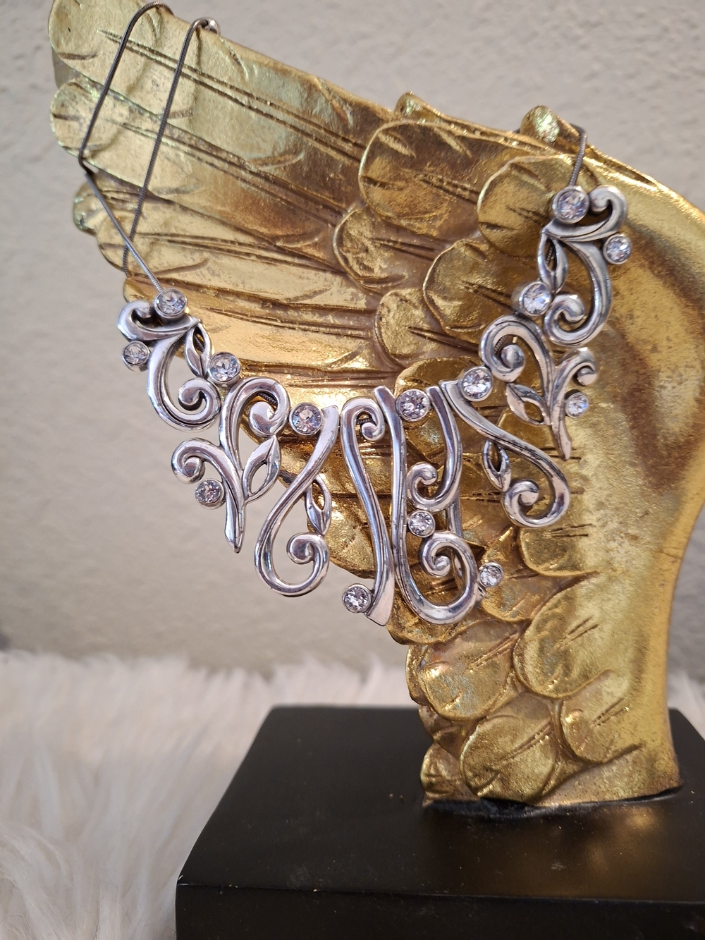 Silver-Tone Scroll Filigree Necklace with Clear Crystal Accents - Women Jewelry